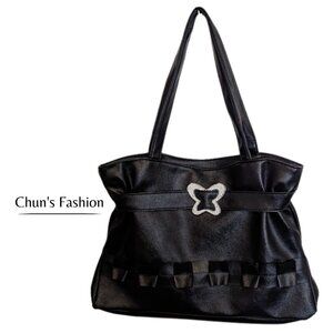 Women's Black Vegan Faux Leather Butterfly Bling & Ruffle Shoulder Bag SZ Medium